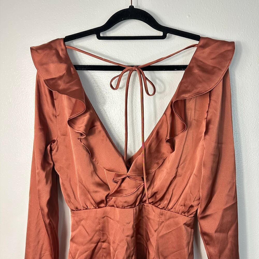 Majorelle X Revolve Dress Nelly Ruffle Surplice Shirred Mini Terracotta Brown S - Picture 10 of 10